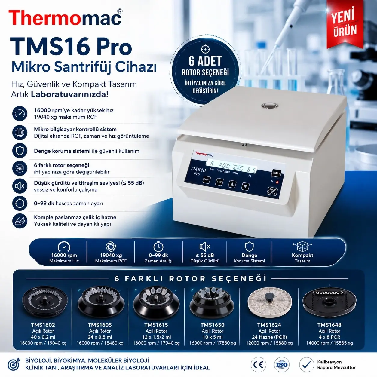 Thermomac TMS16 Pro – Microcentrifugeuse de Paillasse pour 40 Tubes de 0,2 mL – 16 000 tr/min
